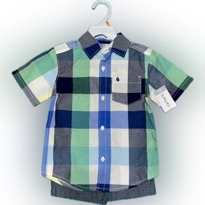 Boys Carter's Blue and Green Plaid Button Down Shirt w Shorts - 3T
